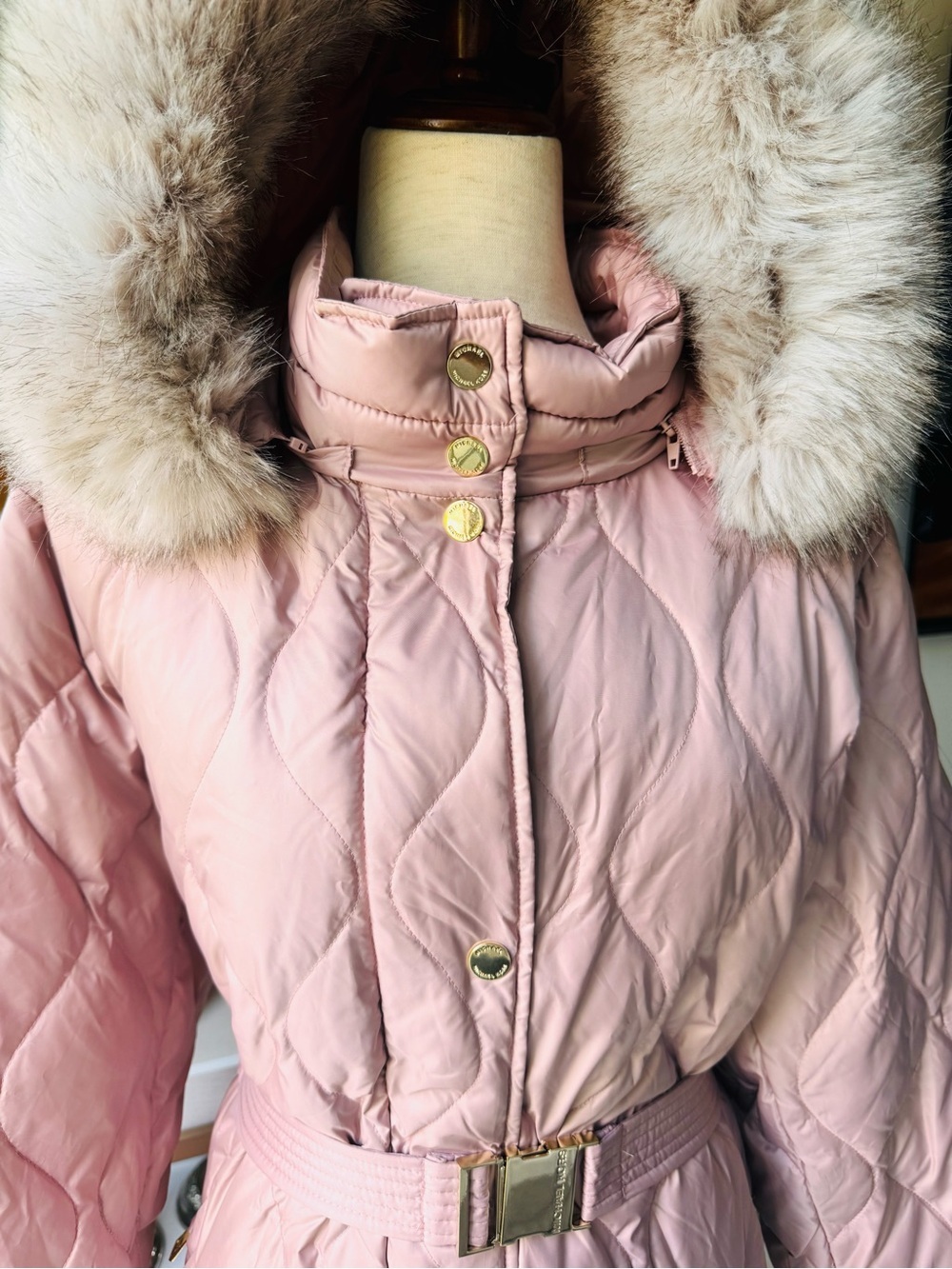 MICHAEL Michael Kors Blush Quilted Belted Puffer Coat with Faux Fur Hood - Picture 3 of 12